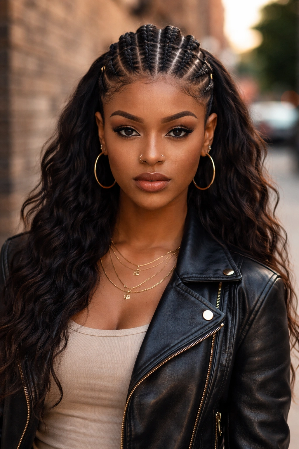 Frontal portrait of a real person with a center cornrow mohawk and loose sides.