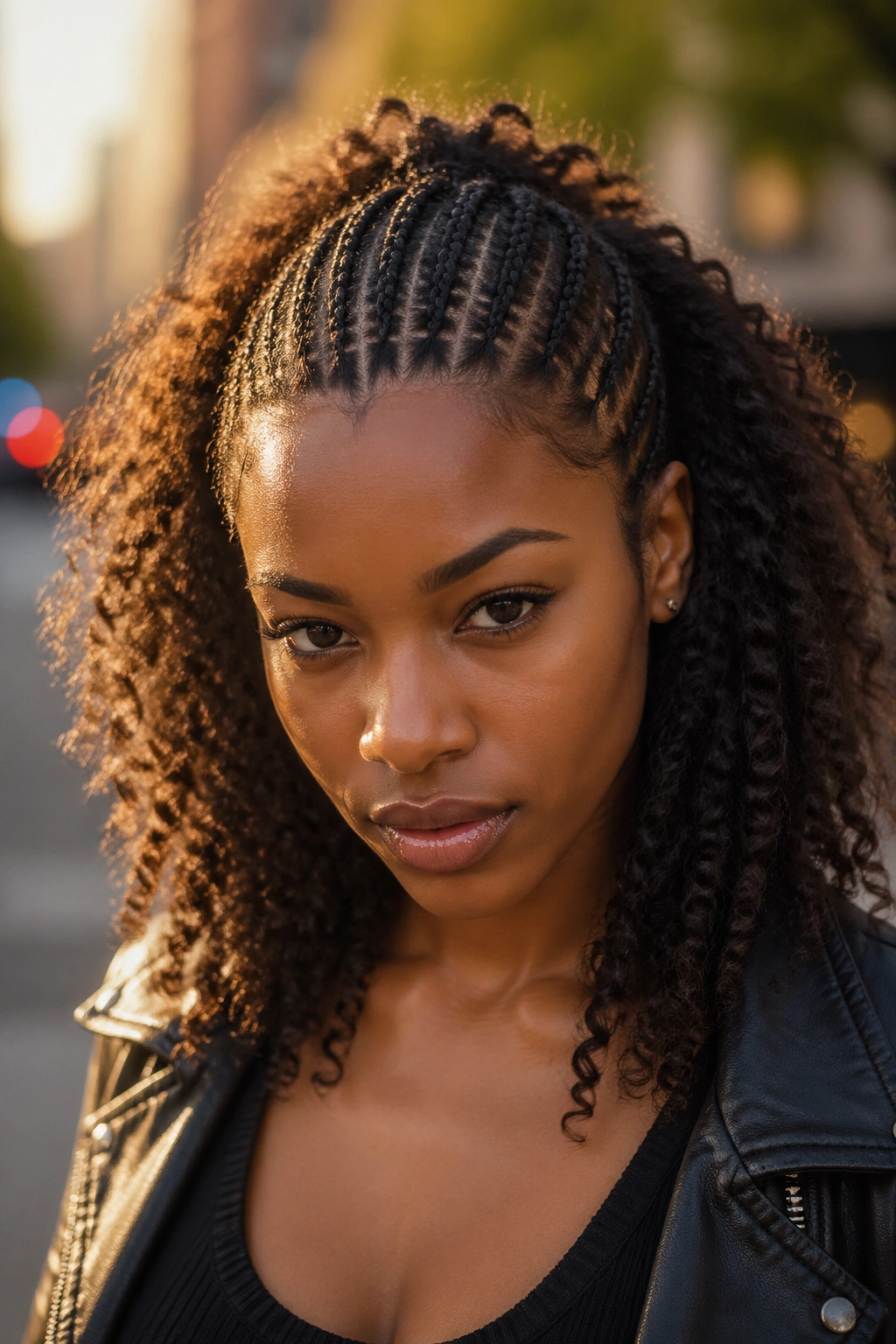 Close-up of a Black woman with mohawk-style cornrow strip and loose sides