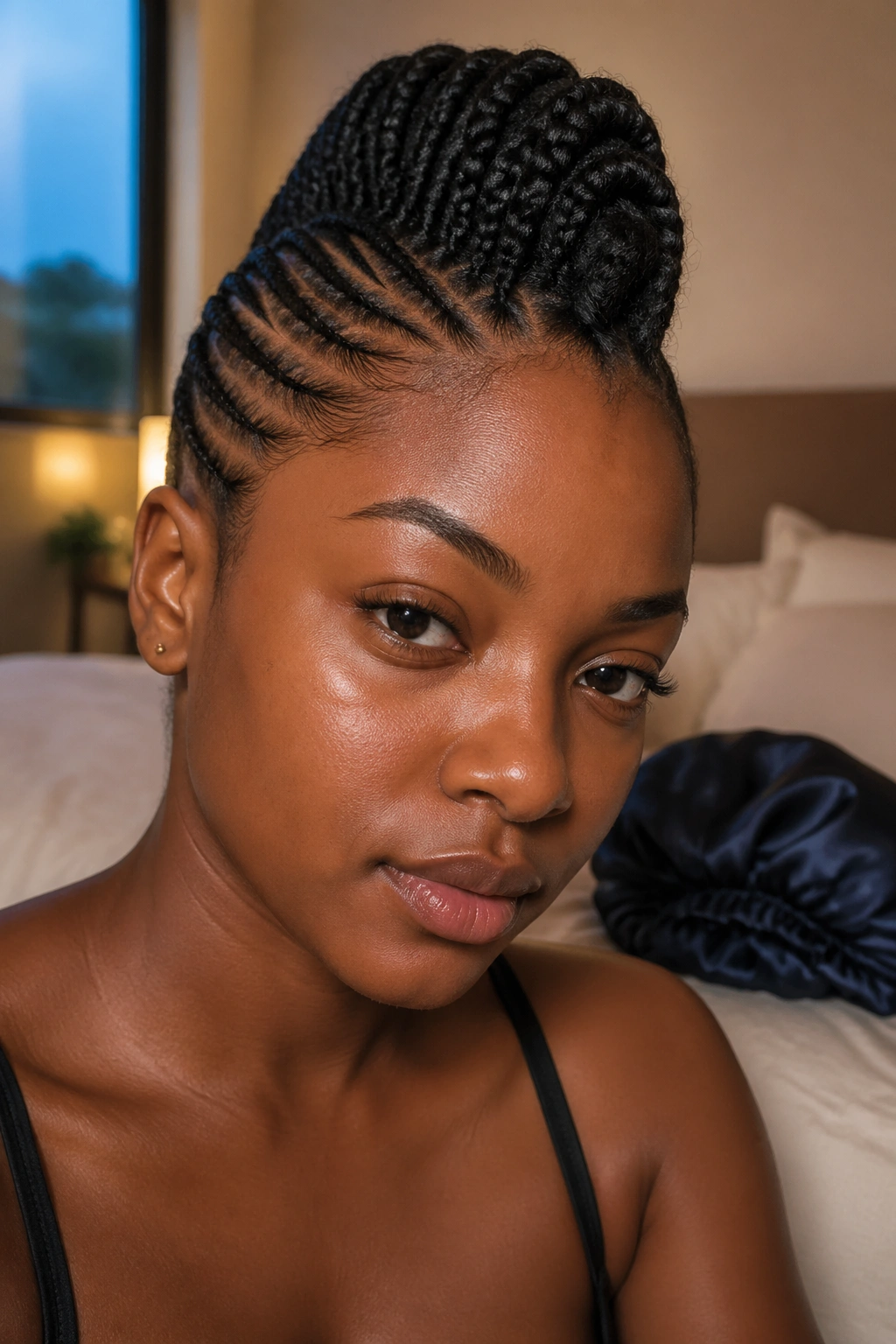 Close-up of a real Black woman with a cornrow mohawk and maintenance context in a softly lit room.