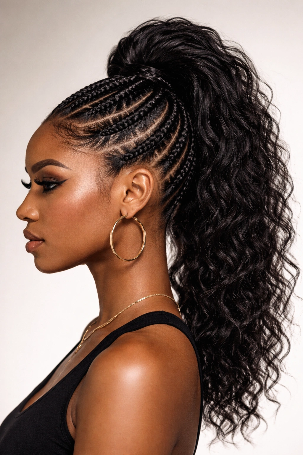 Profile view of cornrow mohawk ponytail with central ridge