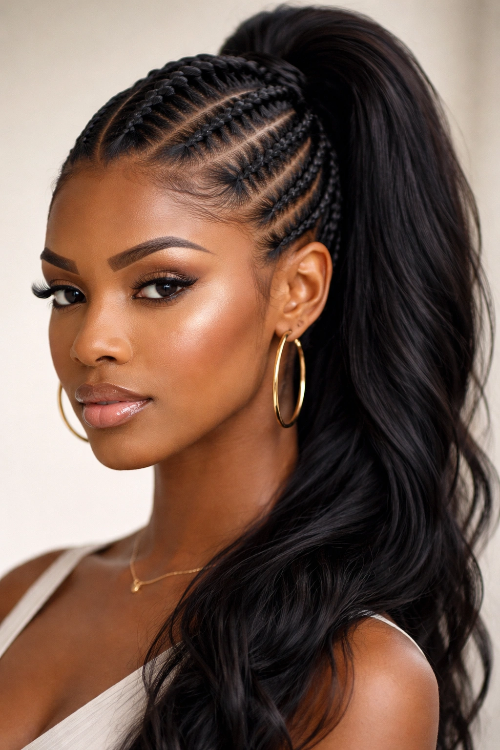 Close-up of classic cornrow mohawk ponytail with straight side braids and high crown ponytail
