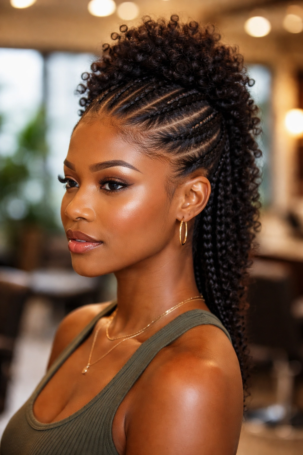 Close-up portrait of a real woman with side cornrows and a central mini afro-hawk.