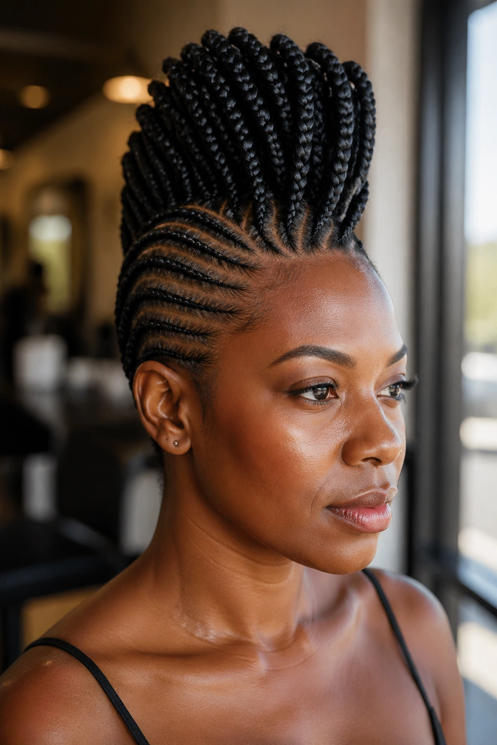 Close-up of a real Black woman with cornrow mohawk hairstyle, sides braided flat and central vertical crest