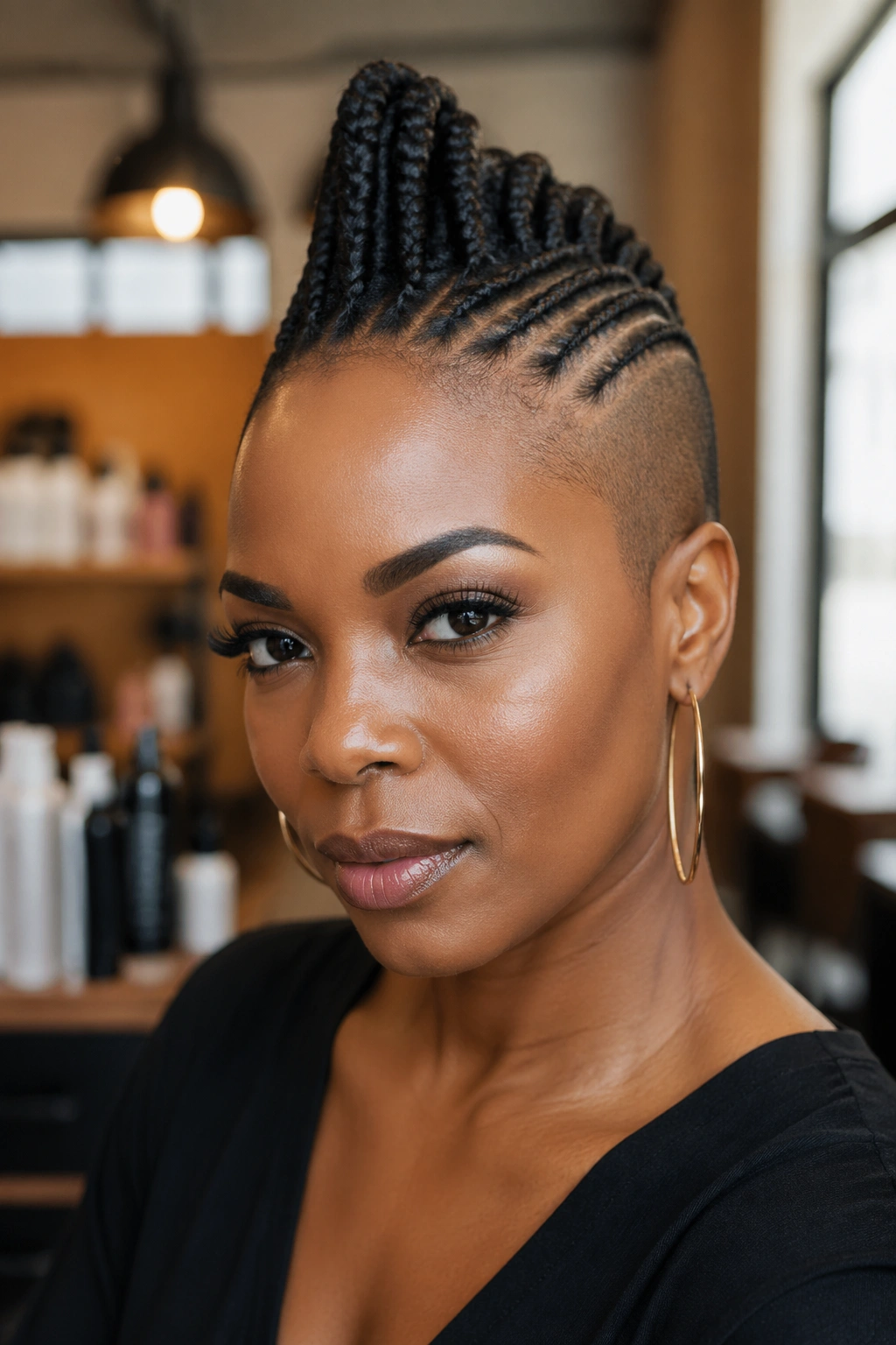 Close-up portrait of a Black woman with a tall cornrow mohawk in a salon