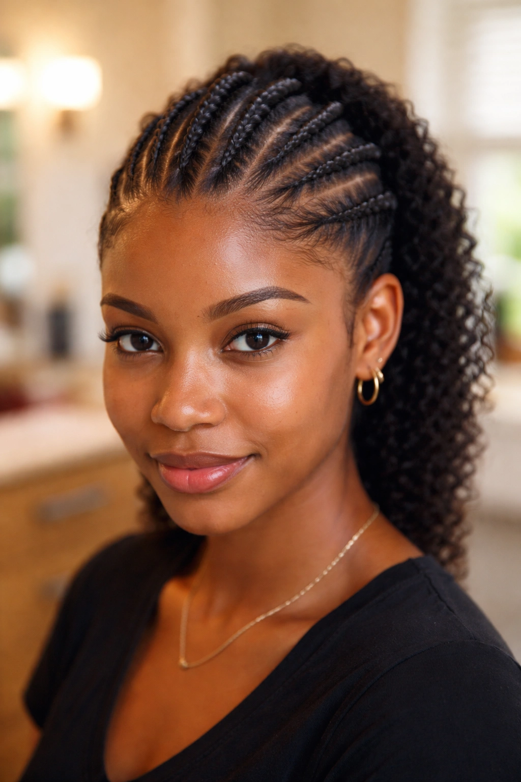 Close-up of a real person with a center-strip cornrow mohawk and natural sides