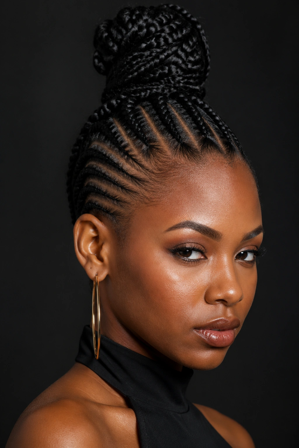 Portrait of a real woman with a cornrow mohawk and top bun