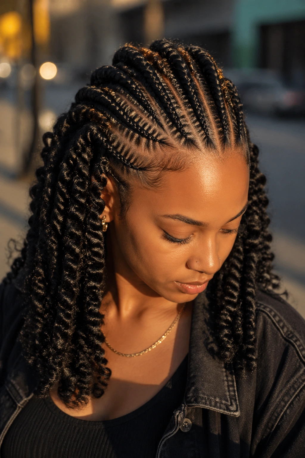 Close-up portrait of a real person with a cornrow mohawk and twist sides.