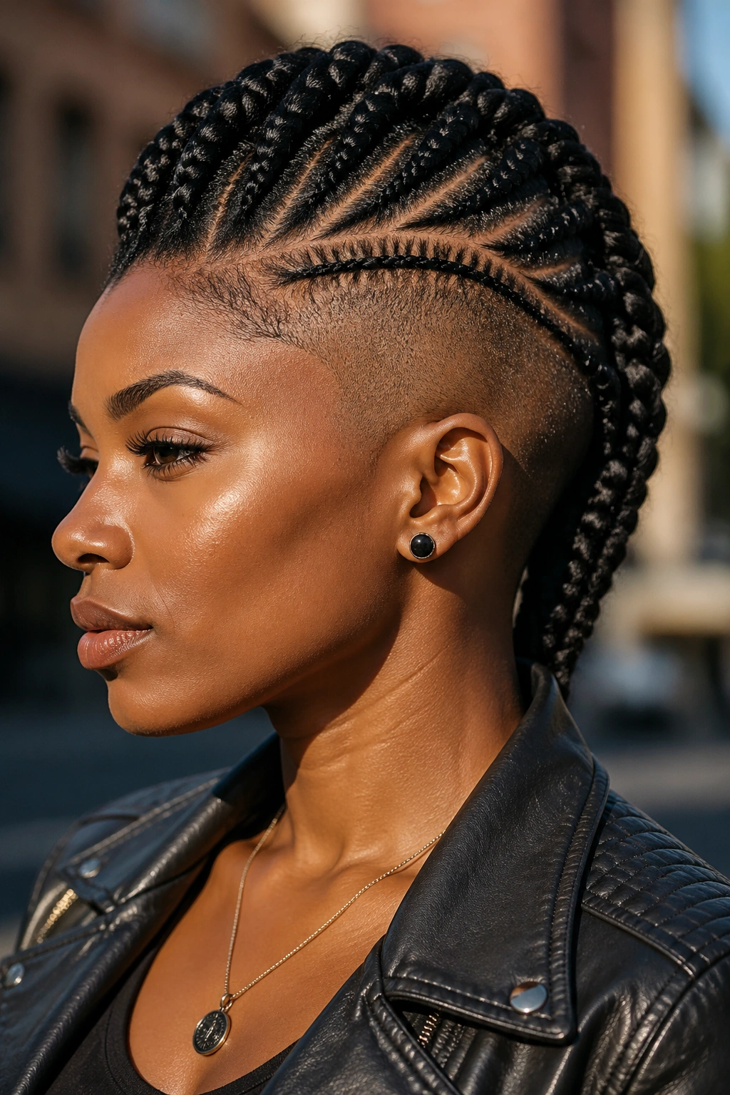 Portrait of a woman with a cornrow mohawk over a shaved undercut on a city street