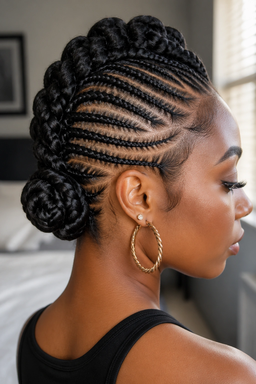 Close-up of a woman with a pinned cornrow mohawk center knot