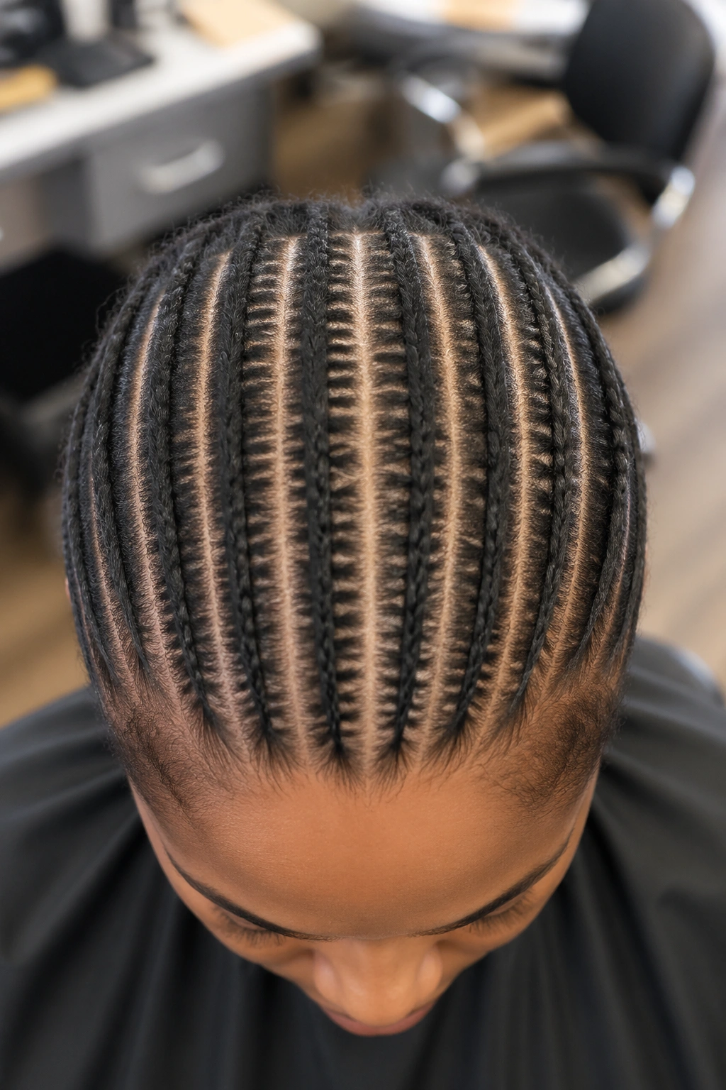 Real person's scalp with neatly mapped straight-back cornrow parts