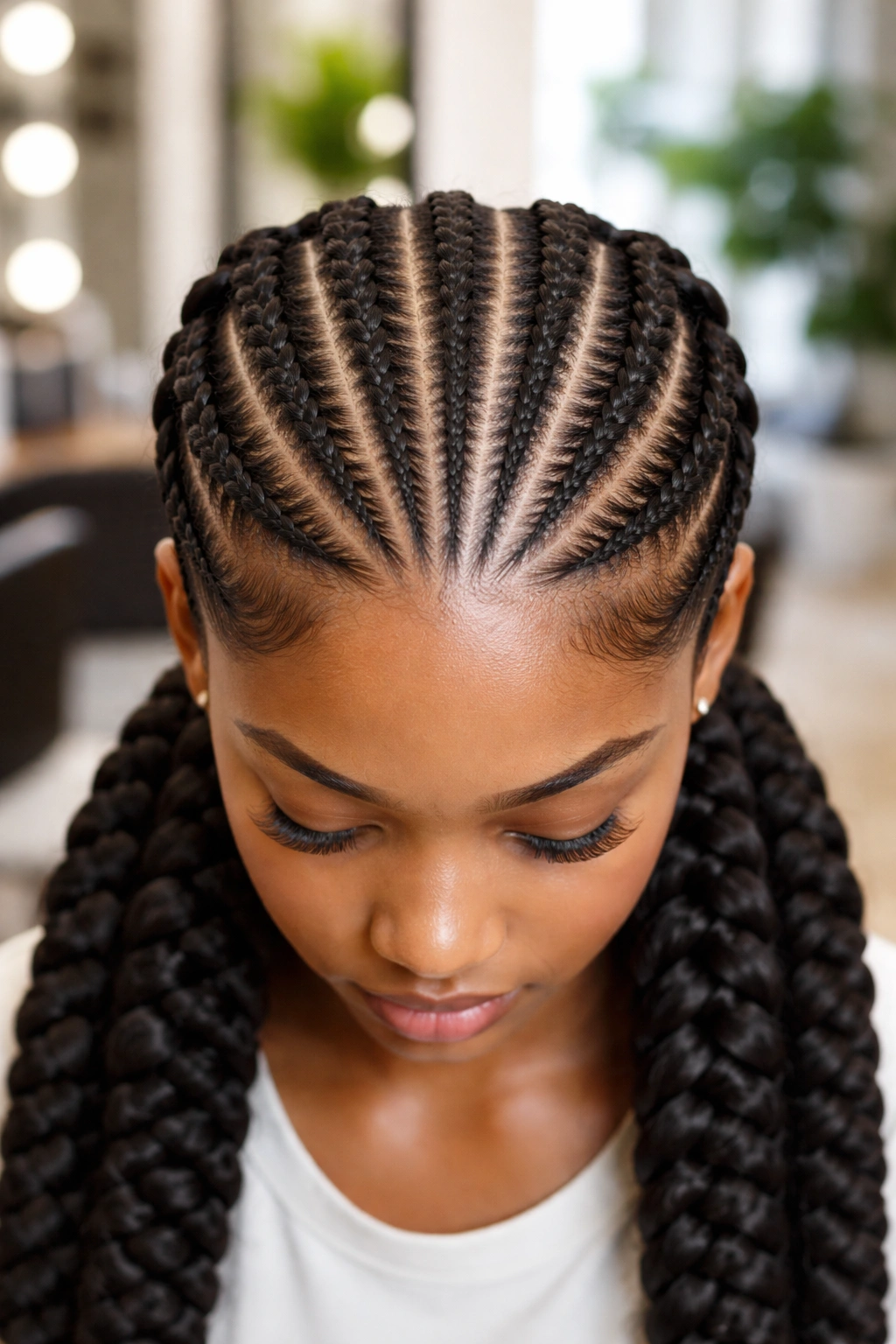 Front view close-up of scalp with bold straight-back cornrow pattern
