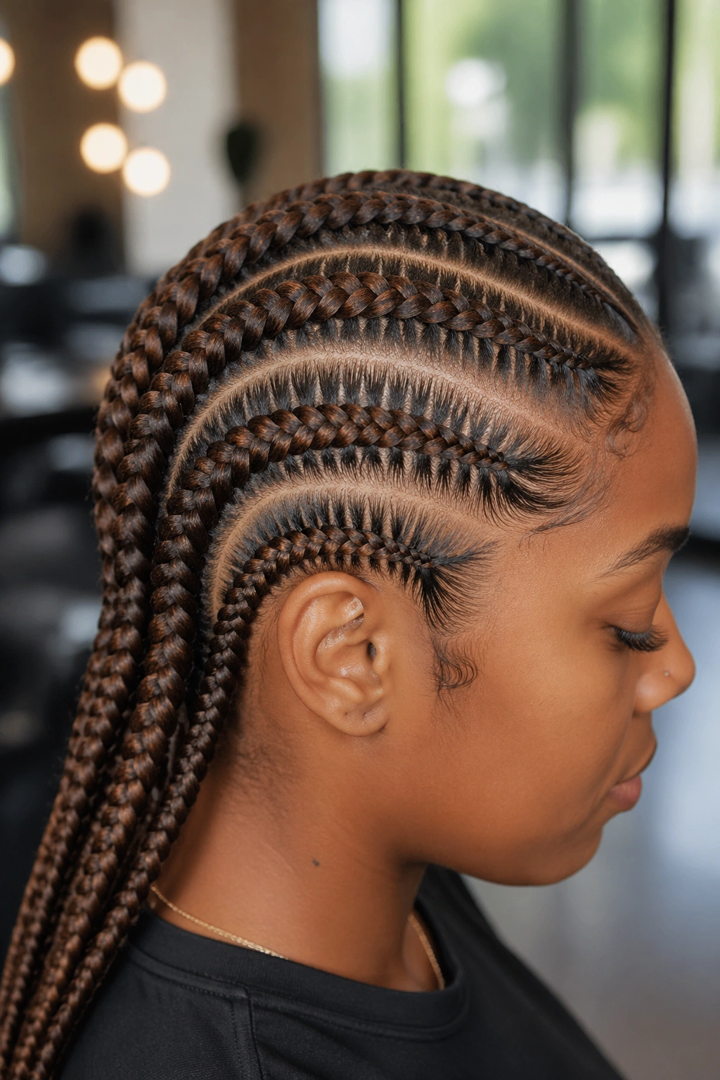 Close-up of a real person showing precise cornrow pattern on the head
