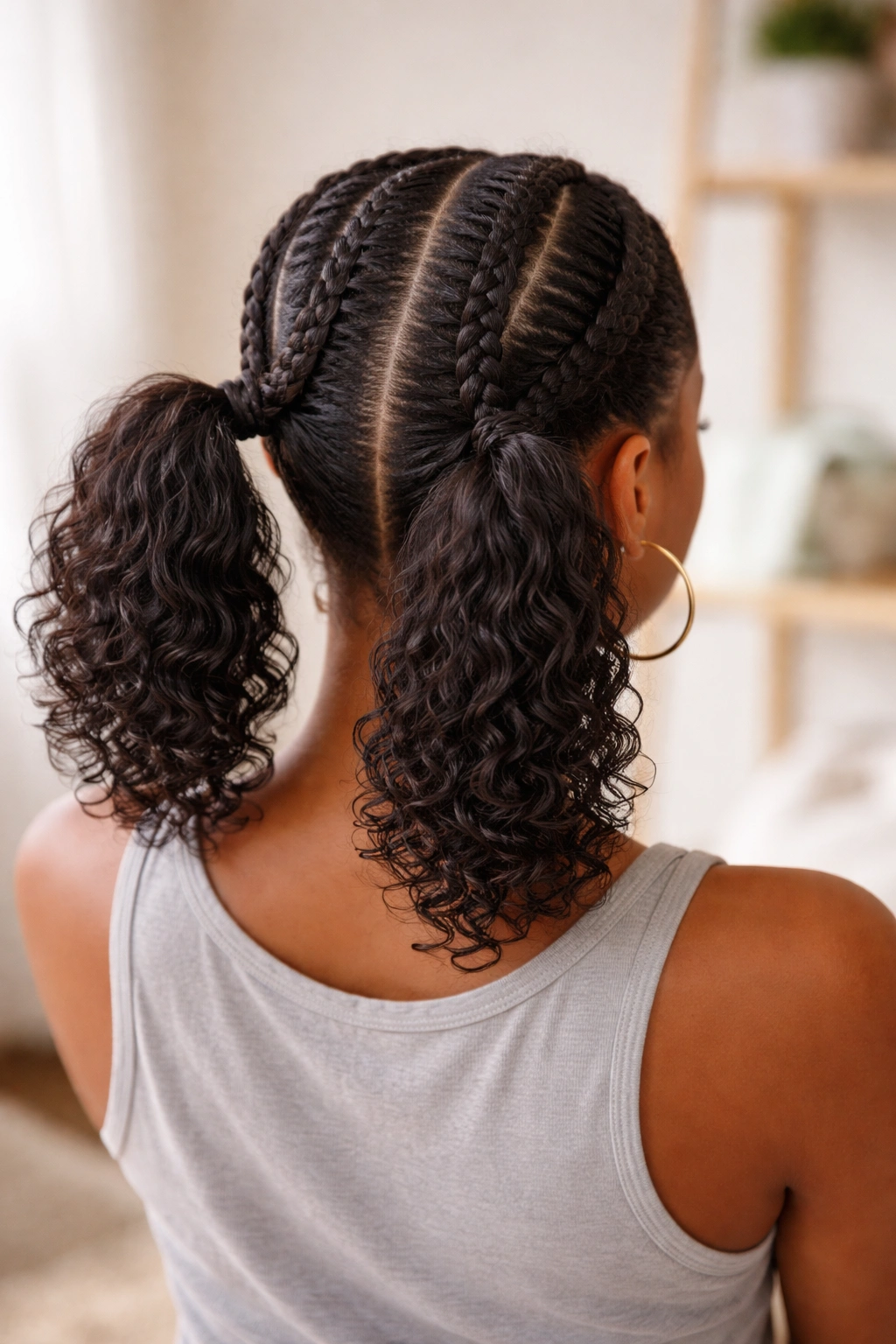 Back view of a real person with two cornrow-fed pigtails