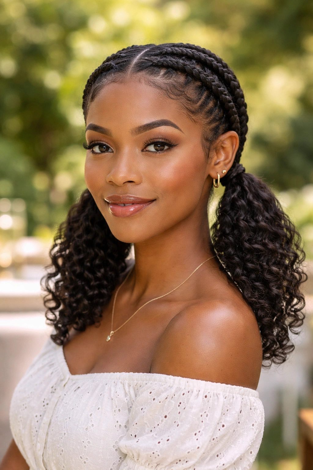 Close-up of a woman with low cornrow pigtails ending in soft curls in a garden setting