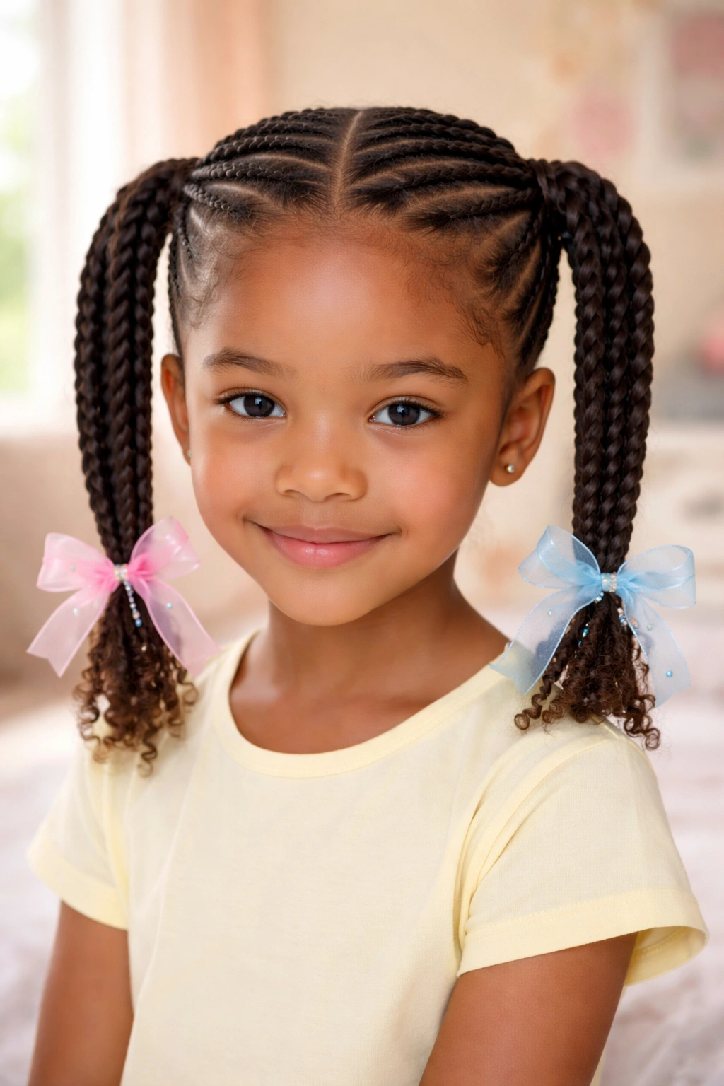 Close-up of a young girl with two cornrow pigtails and ribbons