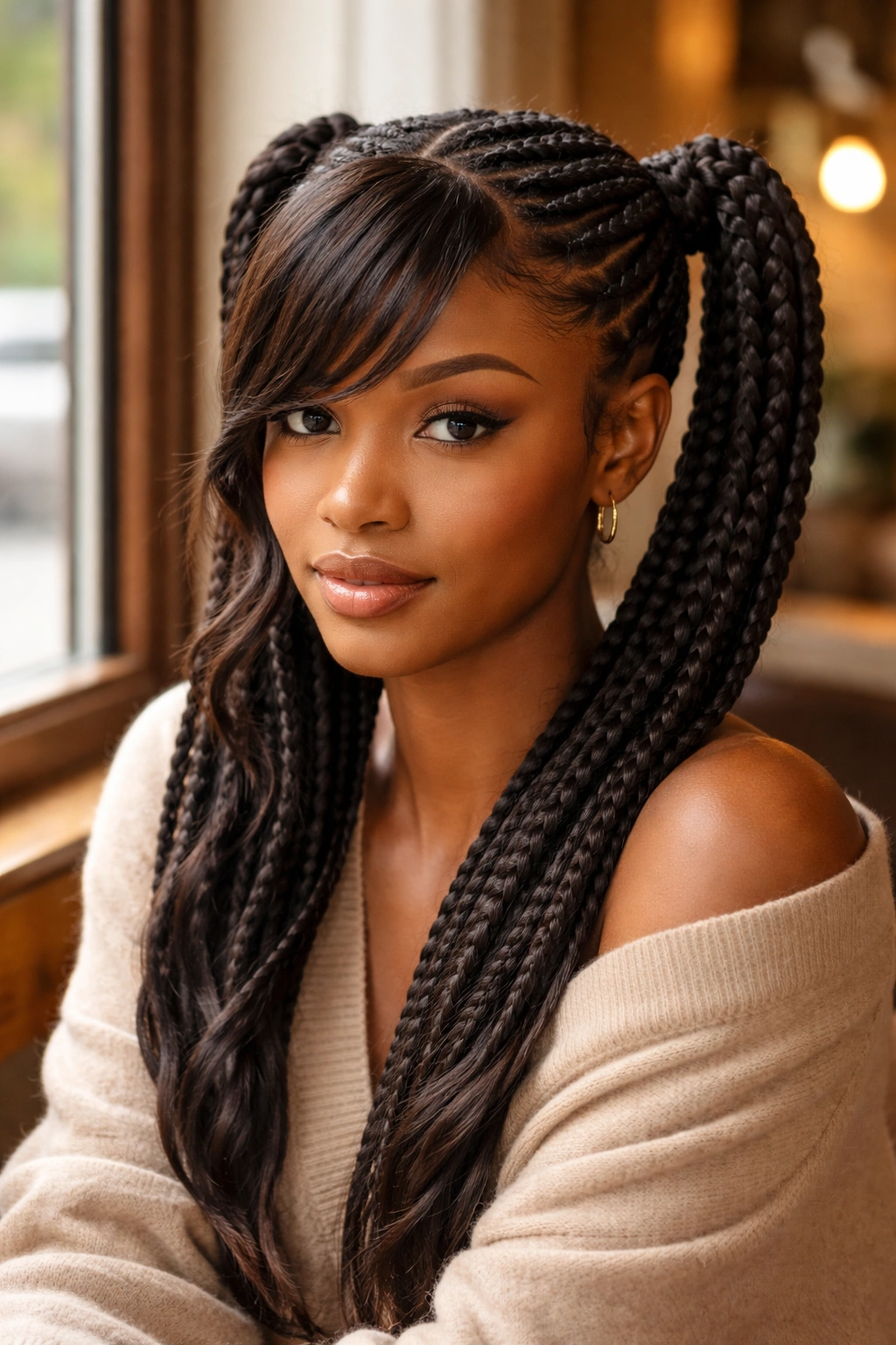 Close-up of real woman with cornrow pigtails and side bangs