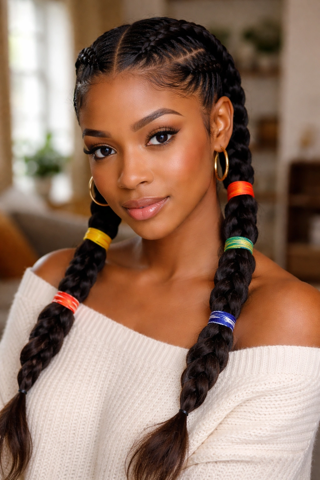 Close-up of cornrow pigtails wrapped with thick embroidery thread detail