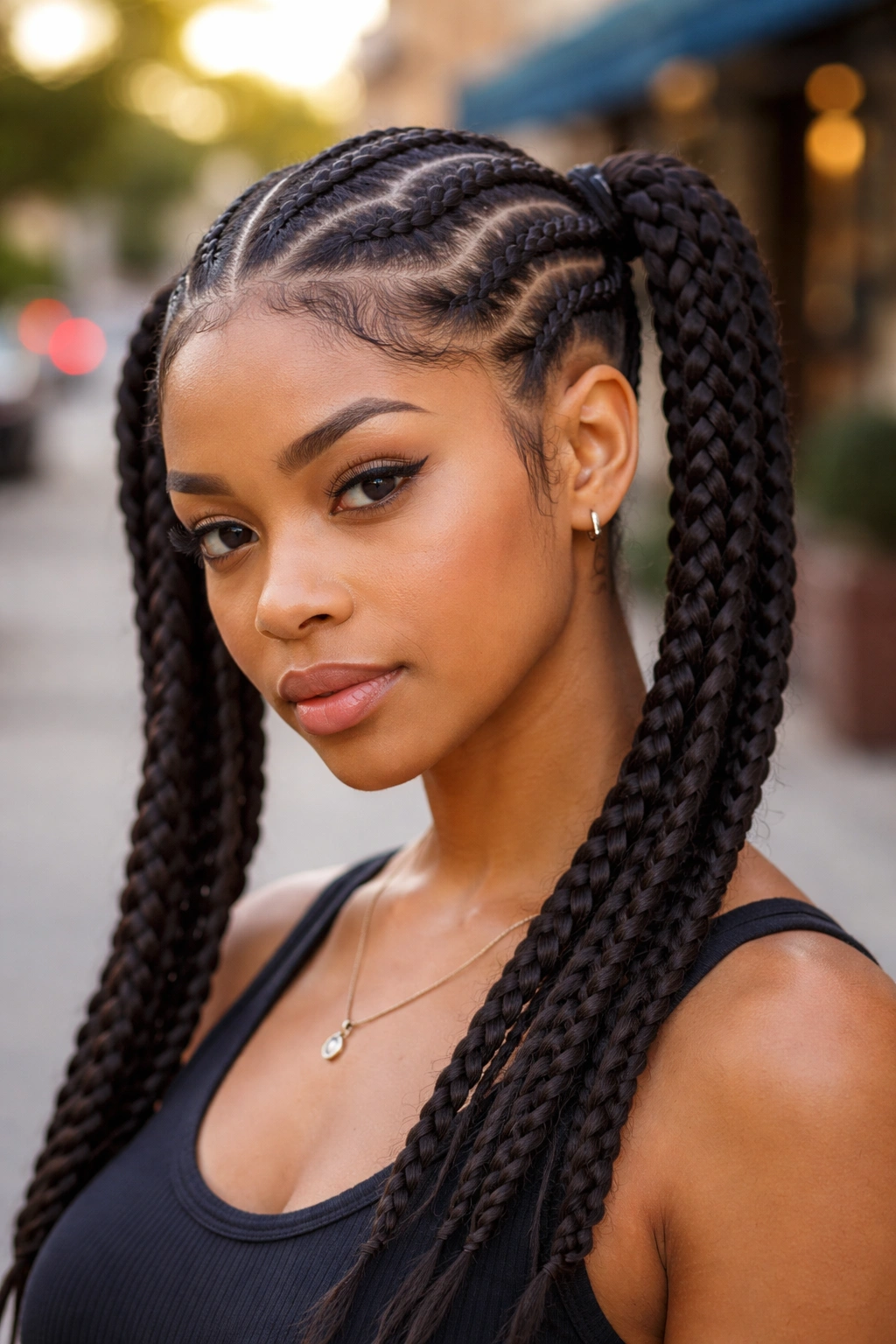 Cornrow waves pattern on scalp leading to pigtails