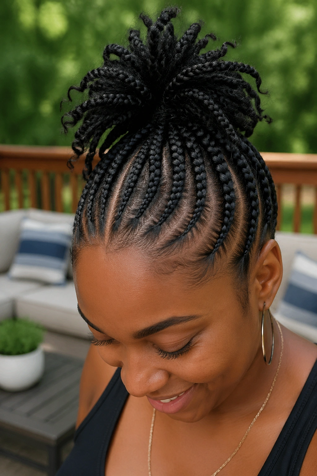 Close-up of a real person with a high cornrow pineapple hairstyle on a sunny patio