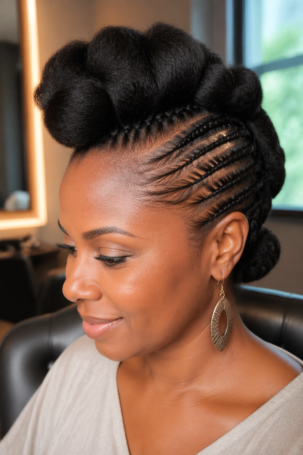 Close-up portrait of a real person with a high front pompadour on cornrows.