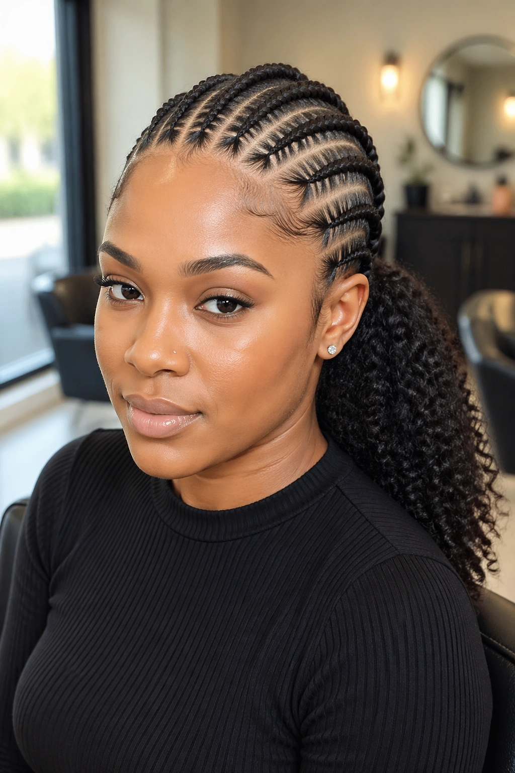 Close-up portrait of a real woman with a cornrow ponytail in a sunlit salon