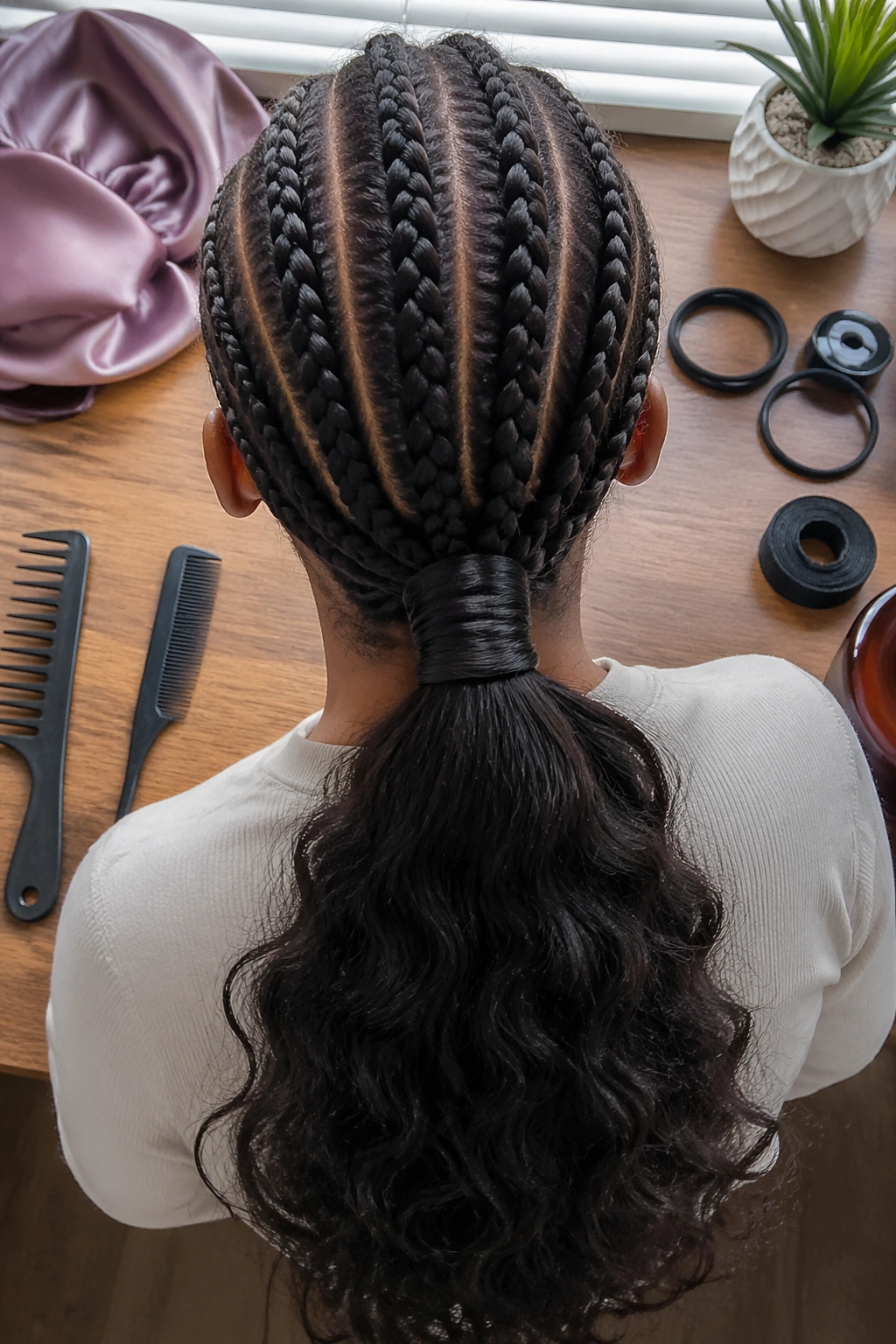 Overhead flat-lay of cornrow-feed ponytail with accessories.