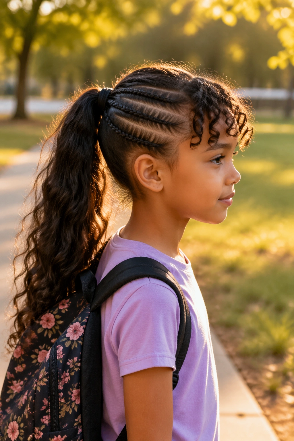 Side cornrow into ponytail with curly bangs in park.