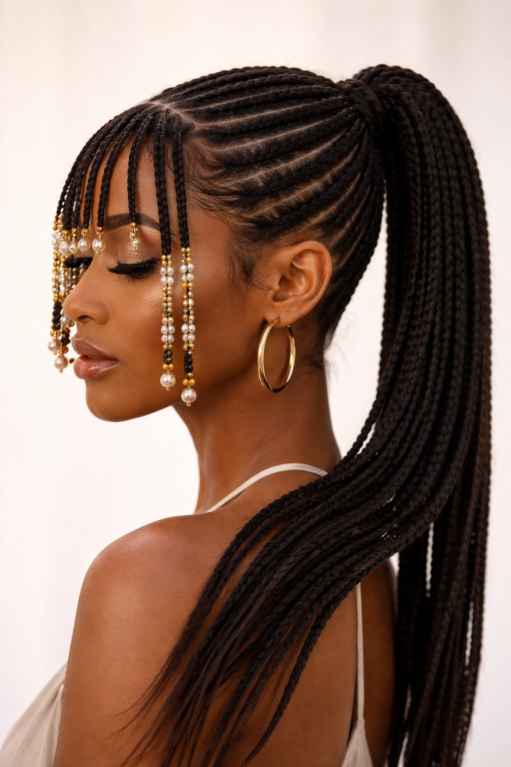Profile of cornrow ponytail with beaded bangs and beads near temples