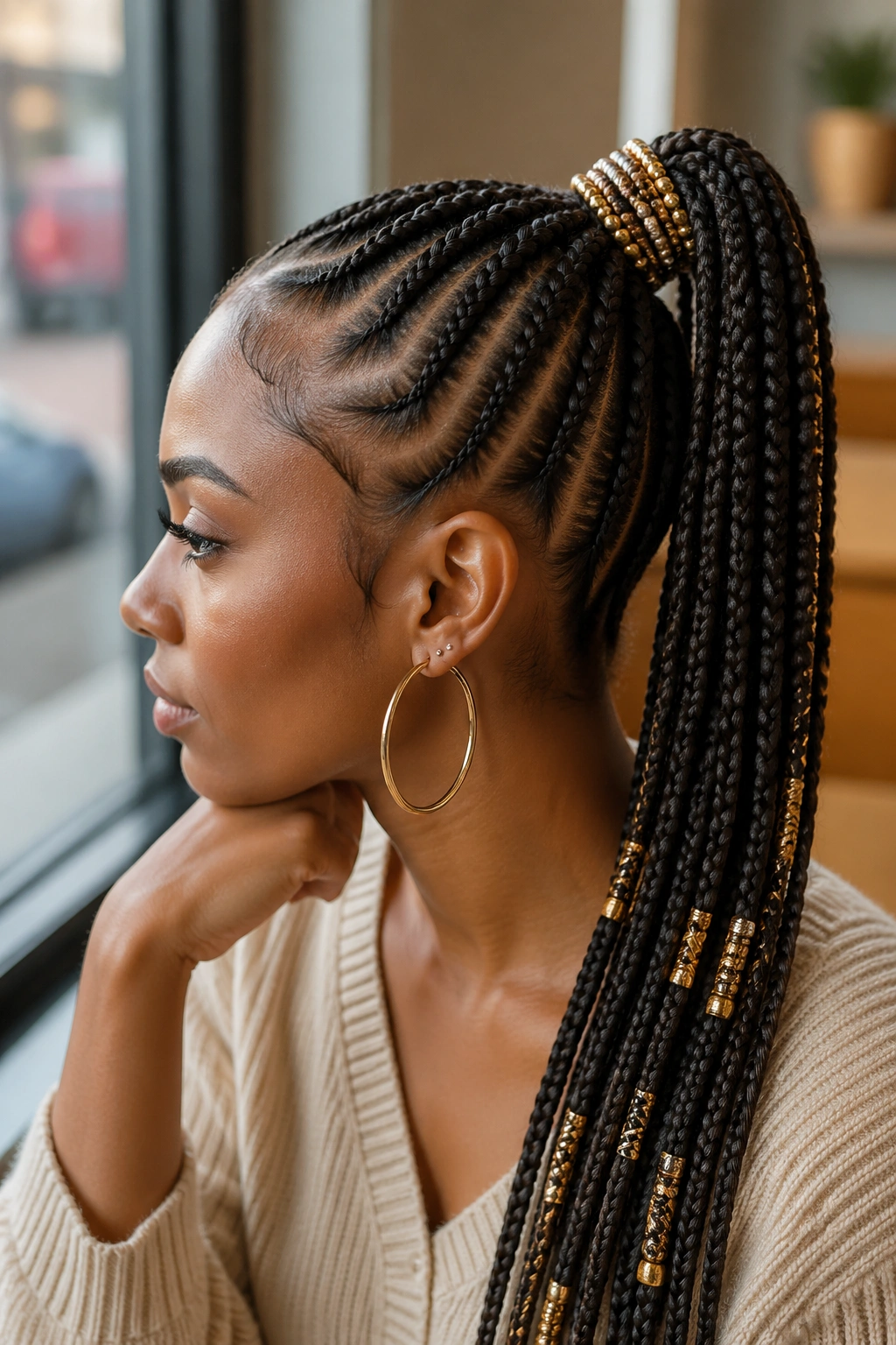 Cornrow ponytail with beaded wrap on a real person