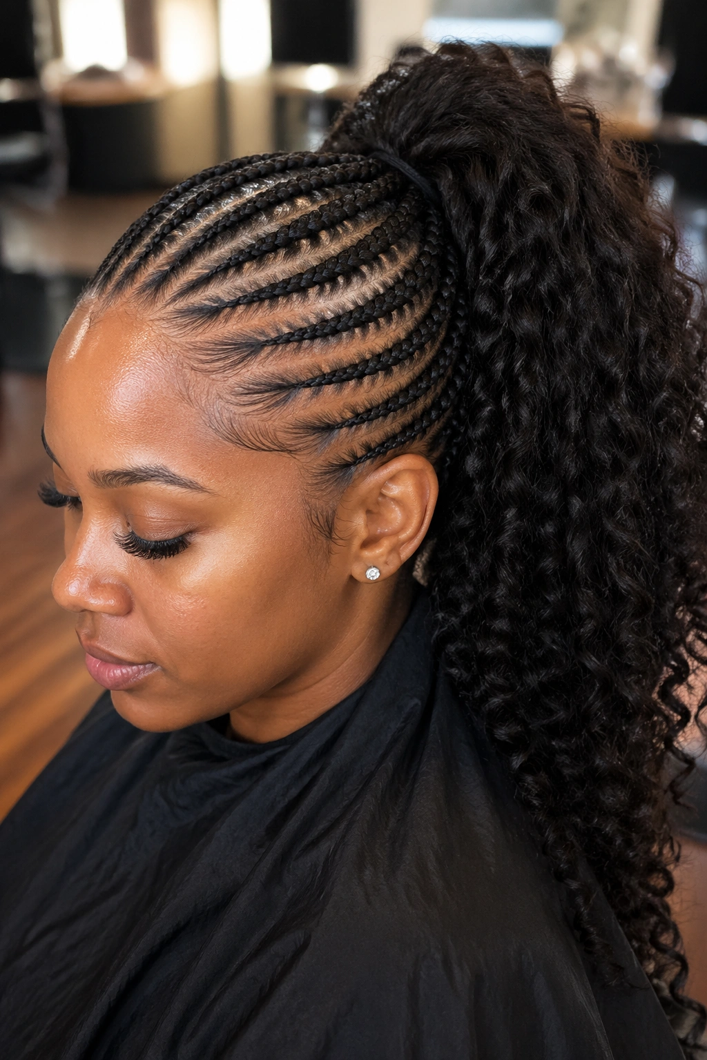 Close-up portrait of a real Black woman with feed-in cornrows flowing into a thick ponytail in a salon.