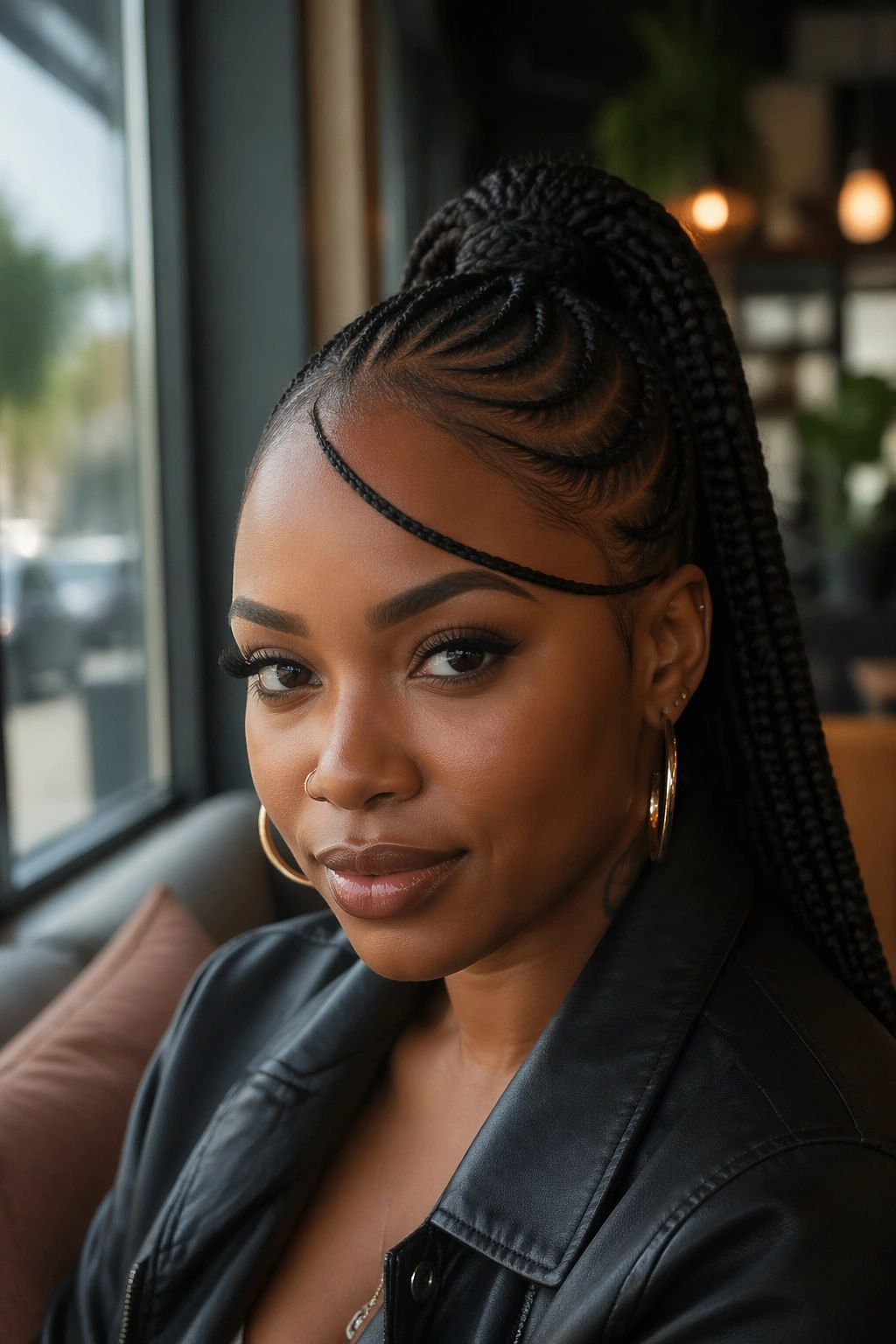 Close-up of a Black woman with a braided bang and high cornrow ponytail