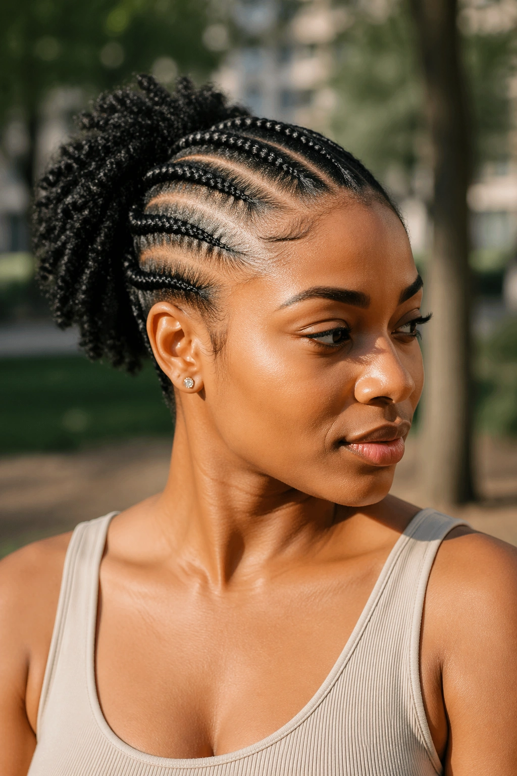 Close-up of a real woman with cornrows feeding into a ponytail