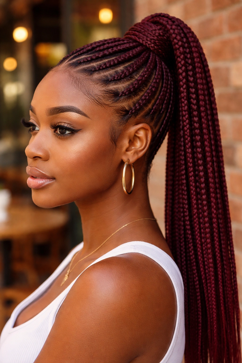 Real person with burgundy cornrow ponytail wrapped base