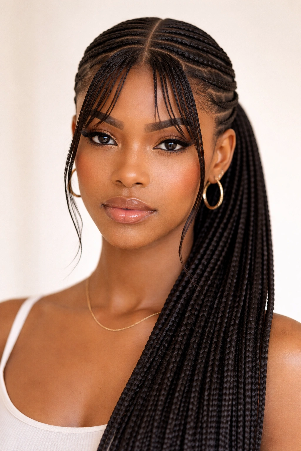 Low cornrow ponytail with center-part bangs framing the face.