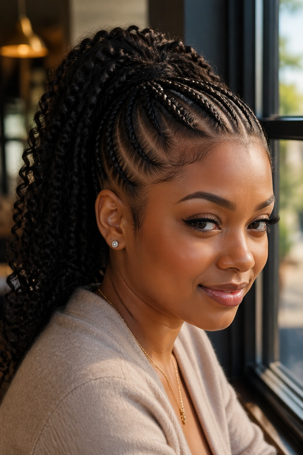 Portrait of a real Black woman with cornrows flowing into a high ponytail.