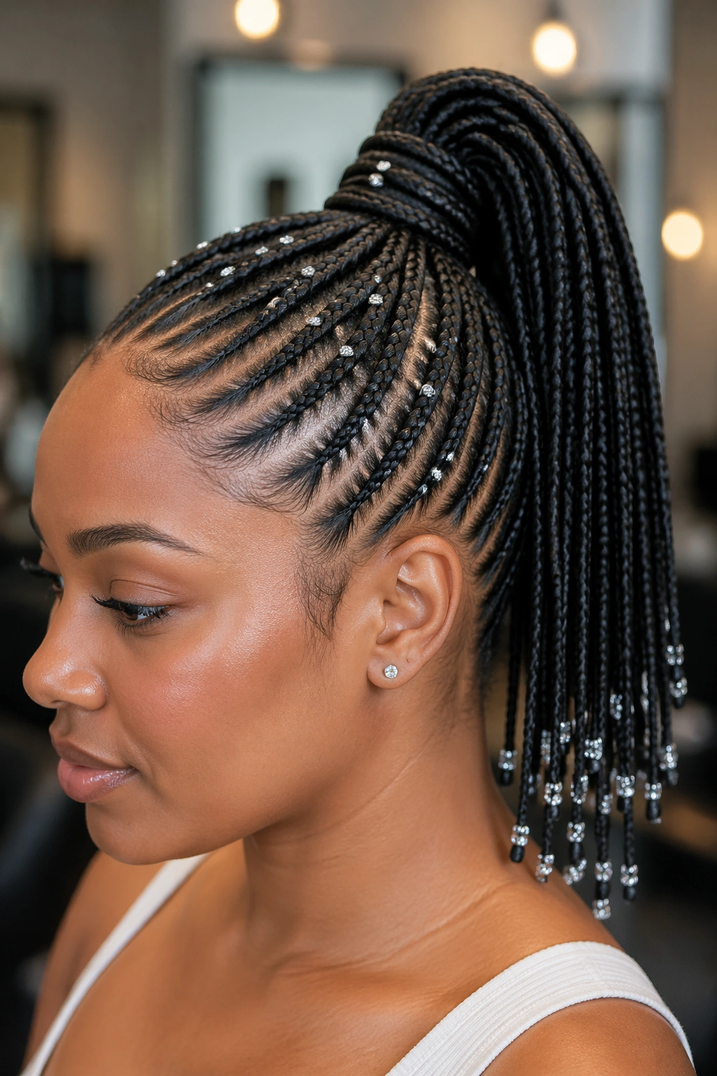Close-up of cornrow ponytail with crystals at the ends on a real person