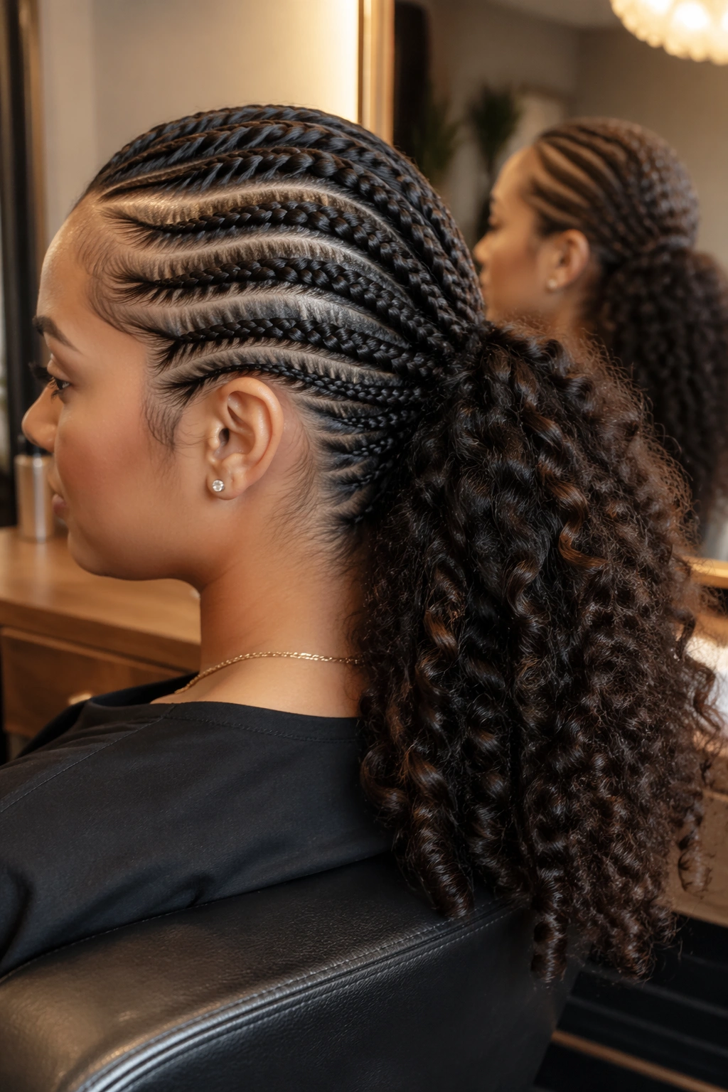 Close-up of side cornrow flowing into curly ponytail in soft salon light.
