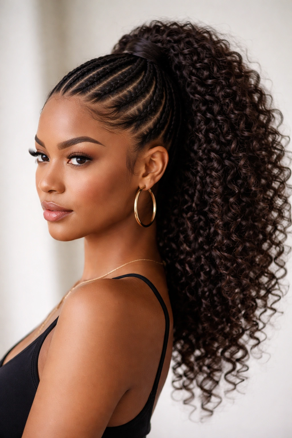 Close-up of cornrows forming a high ponytail on curly hair