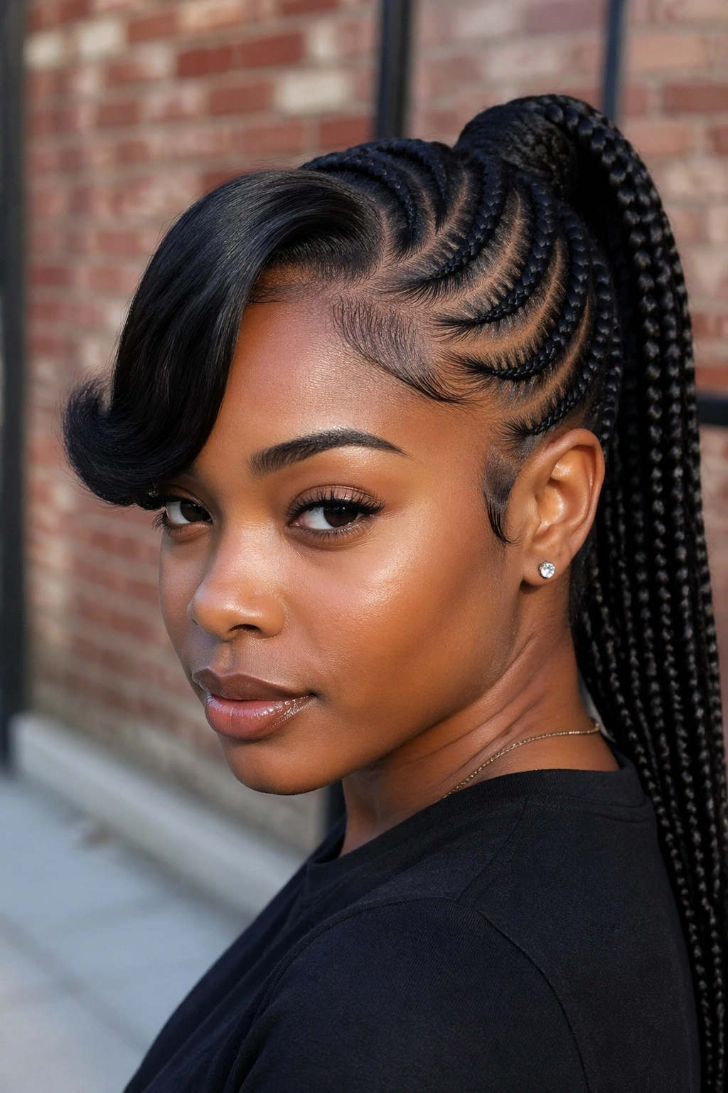 Real woman with cornrows into a ponytail and curved side bang