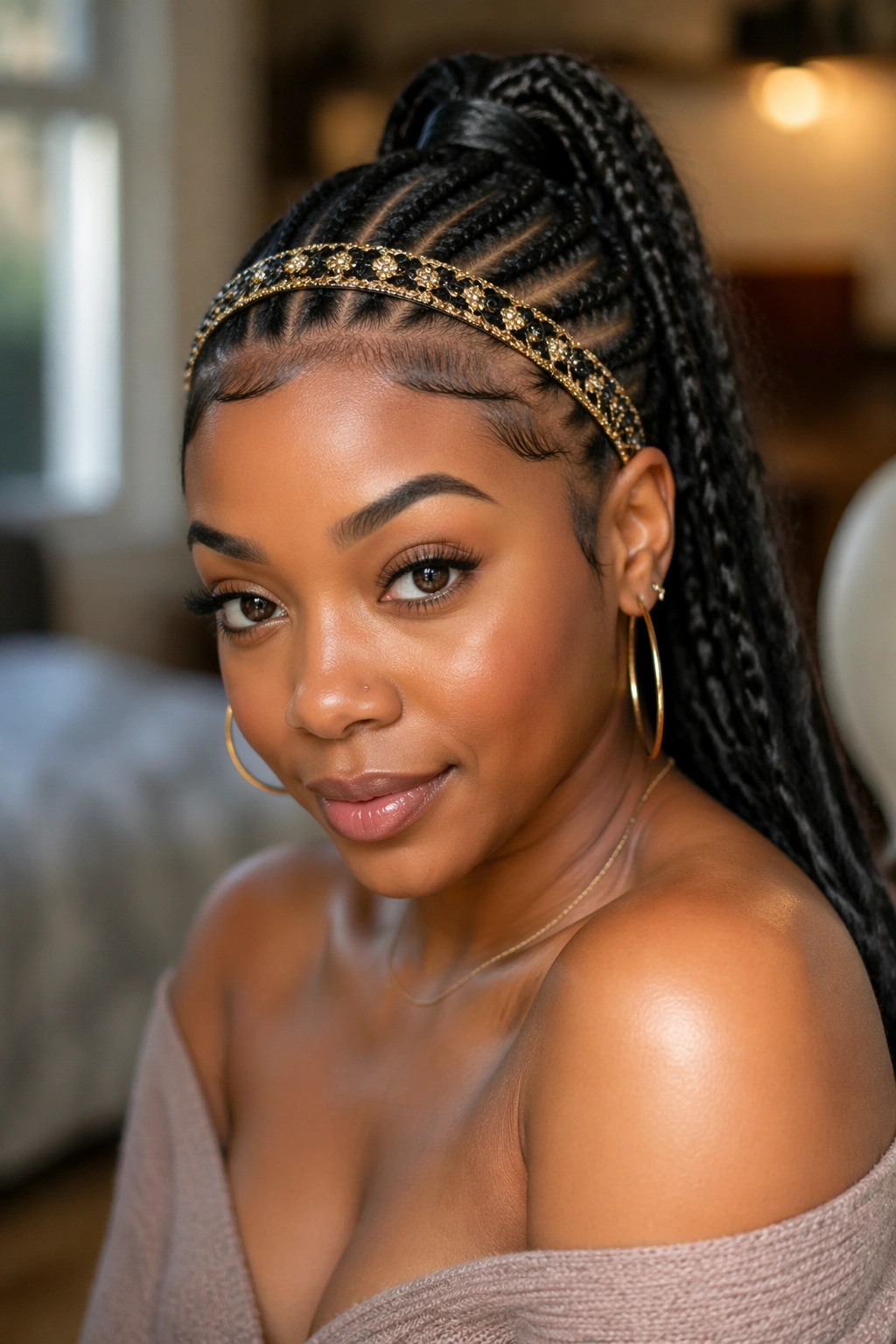 Close-up portrait of a real Black woman with a cornrow ponytail and decorative headband at the hairline