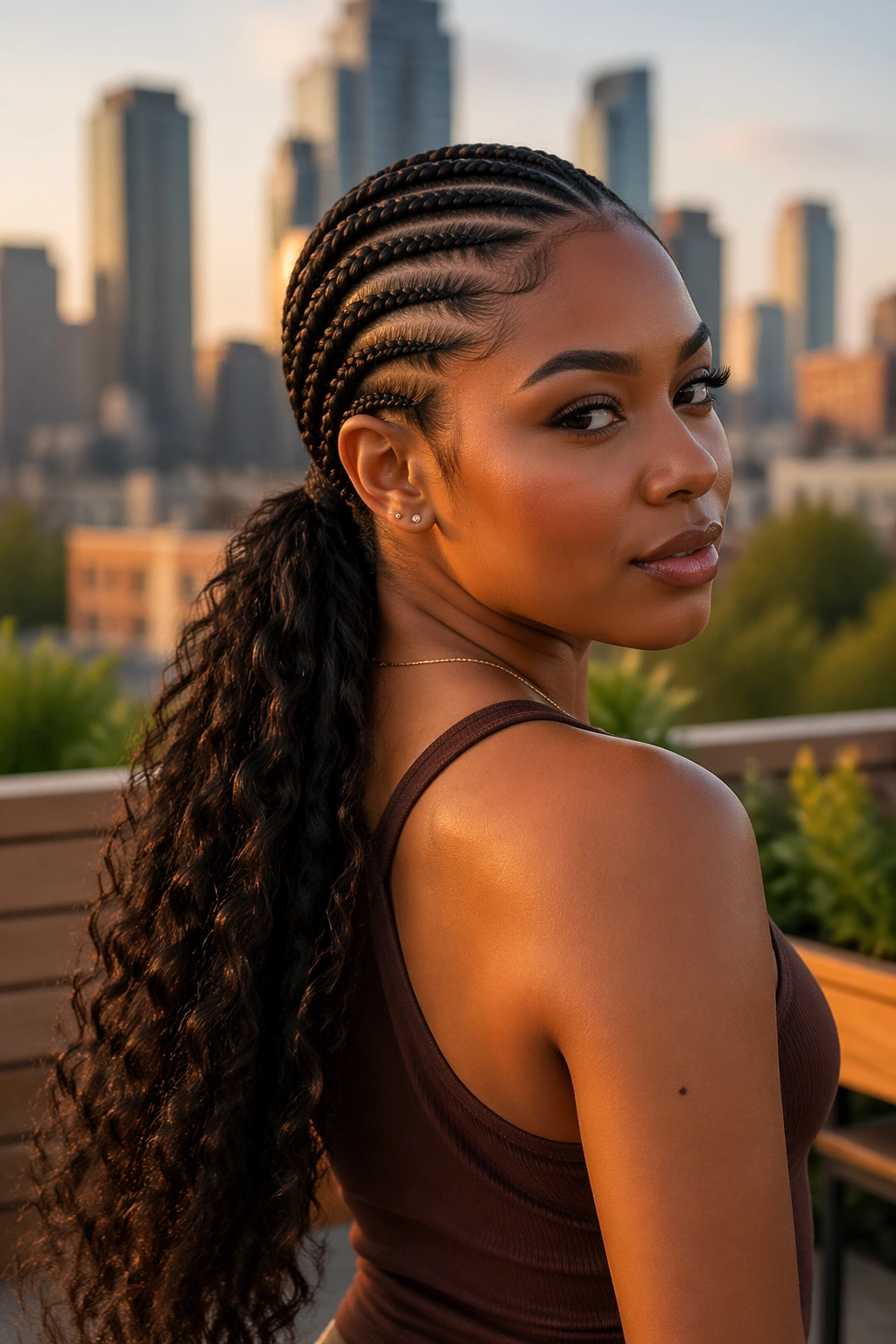 Feed-in cornrow ponytail hero shot during golden hour.
