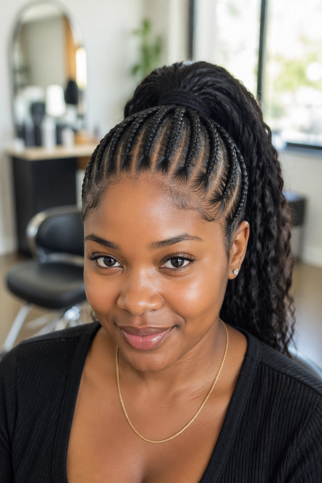 Real woman with cornrow-to-pony tail feed-in style, neat cornrows into ponytail