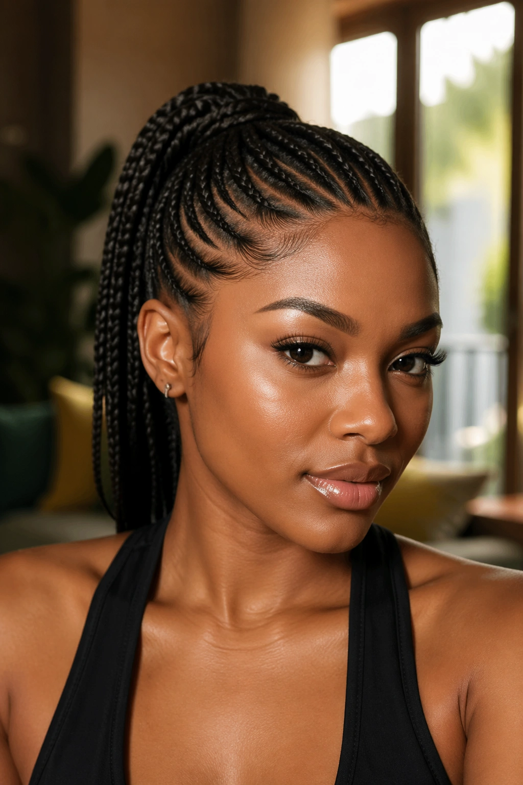 Close-up portrait of a real woman with cornrow ponytail flattering facial elevation