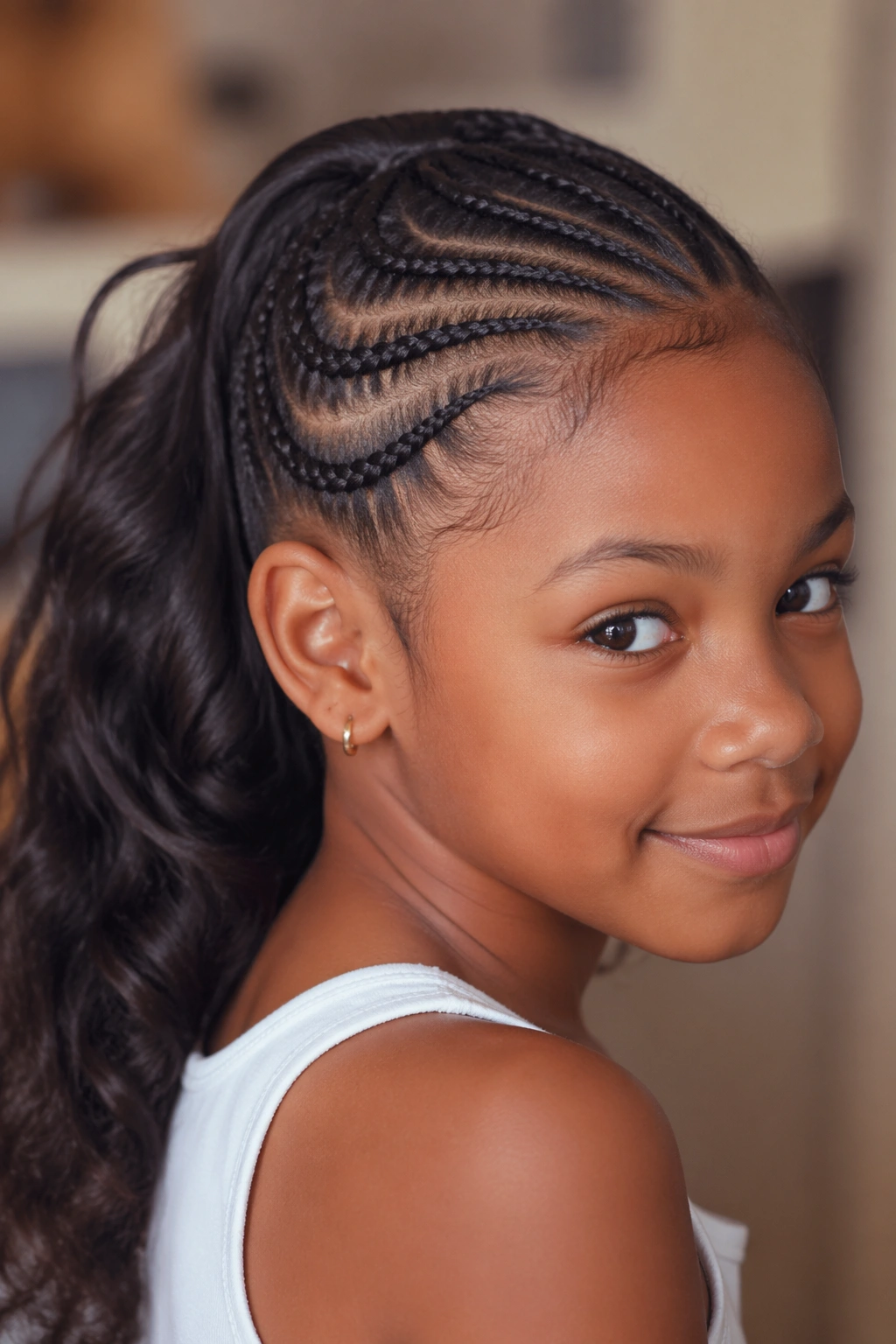 Close-up of a real child with front cornrows leading into a ponytail