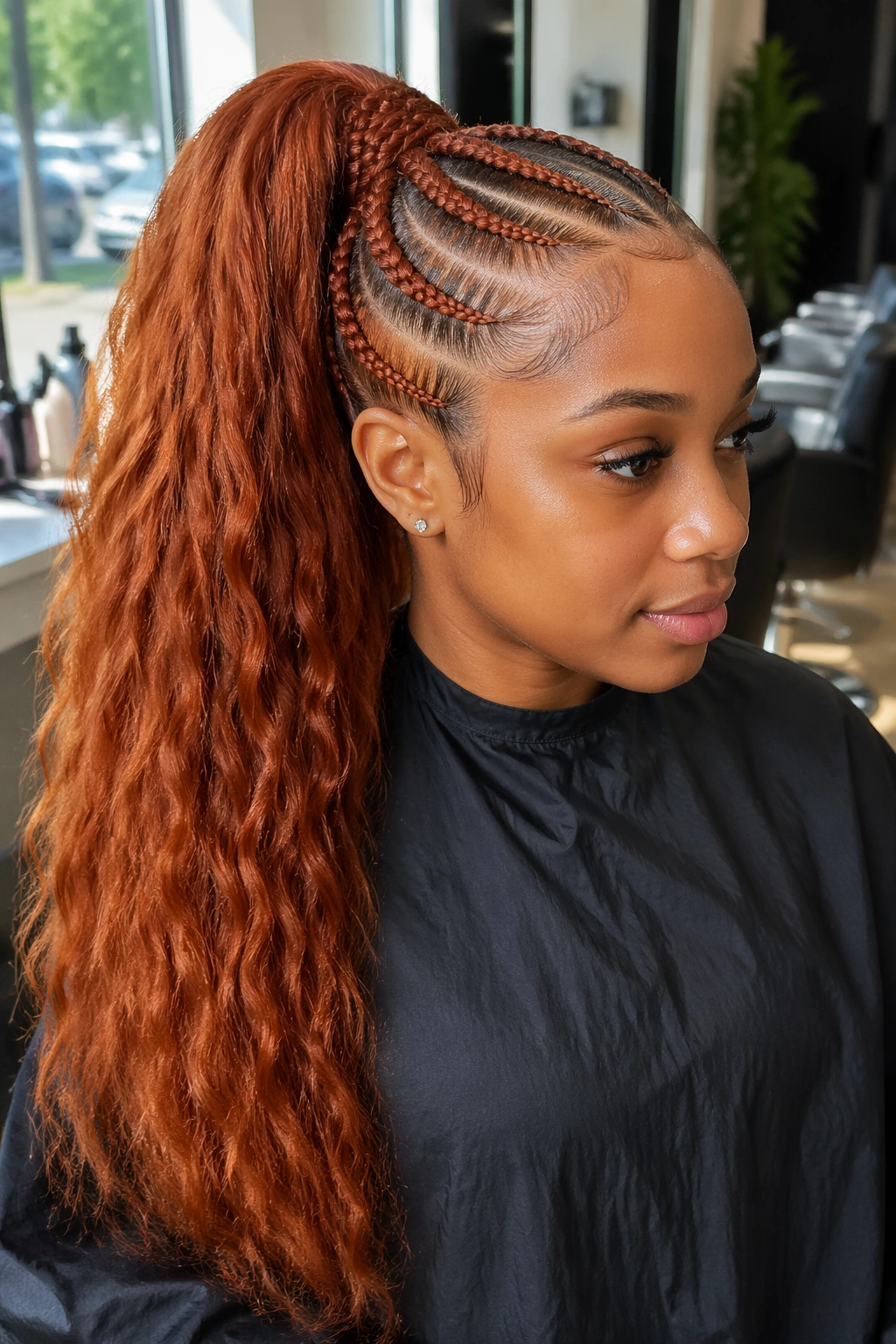 Close-up of a real woman with feed-in cornrows forming a ginger ponytail