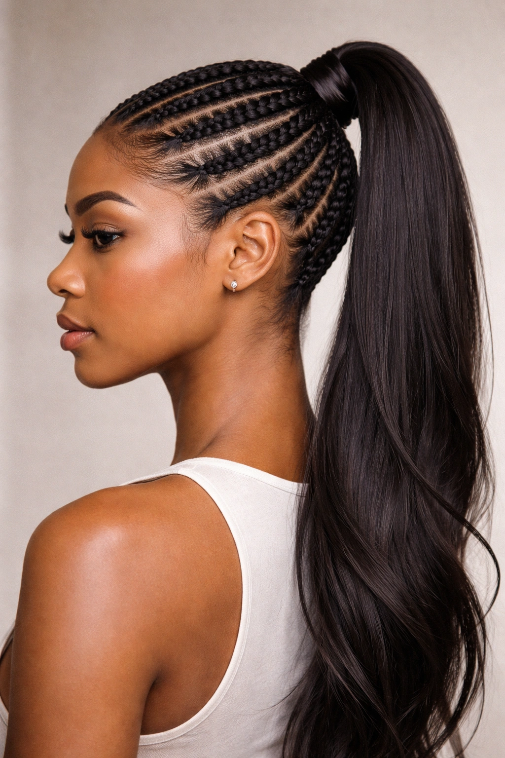 Close-up of cornrows transitioning into a ponytail.
