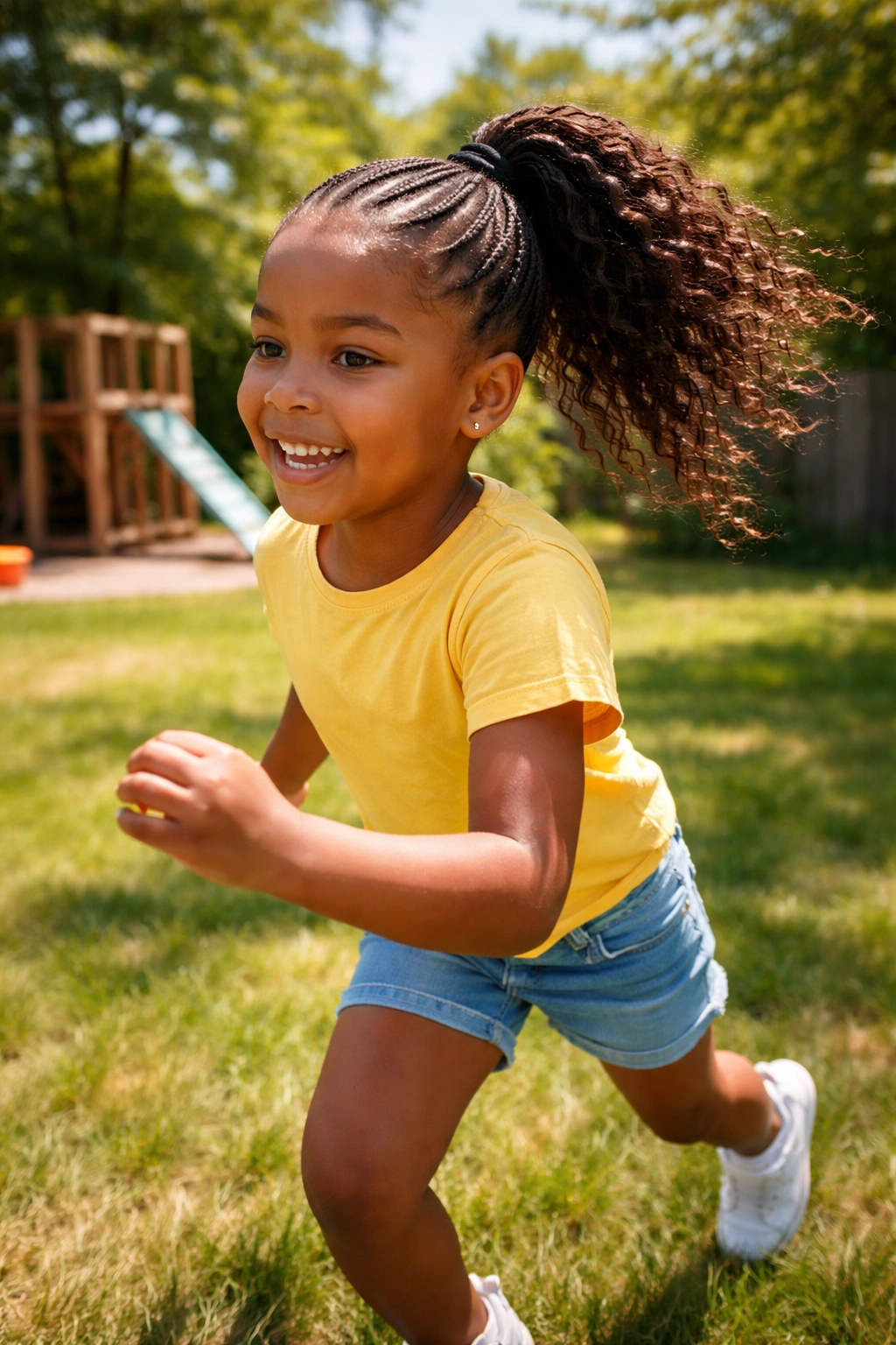 Candid outdoor play with cornrow-to-pony-tail hairstyle