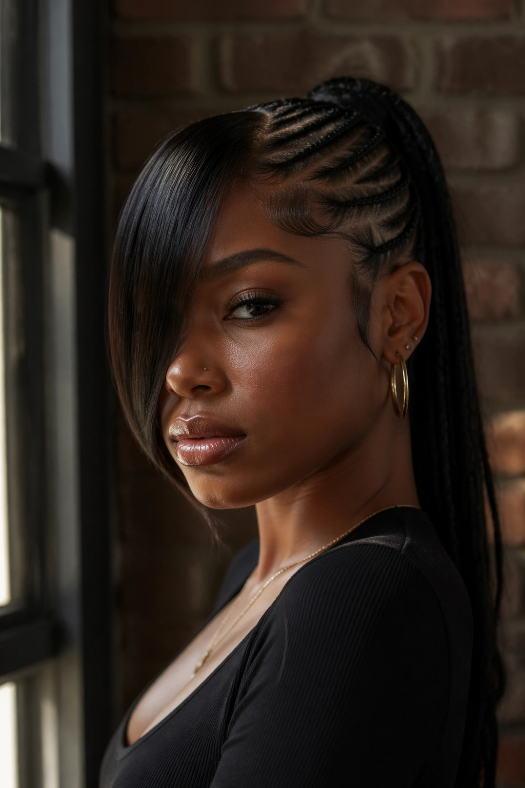 Close-up portrait of a real Black woman with a long sweeping bang and cornrow ponytail