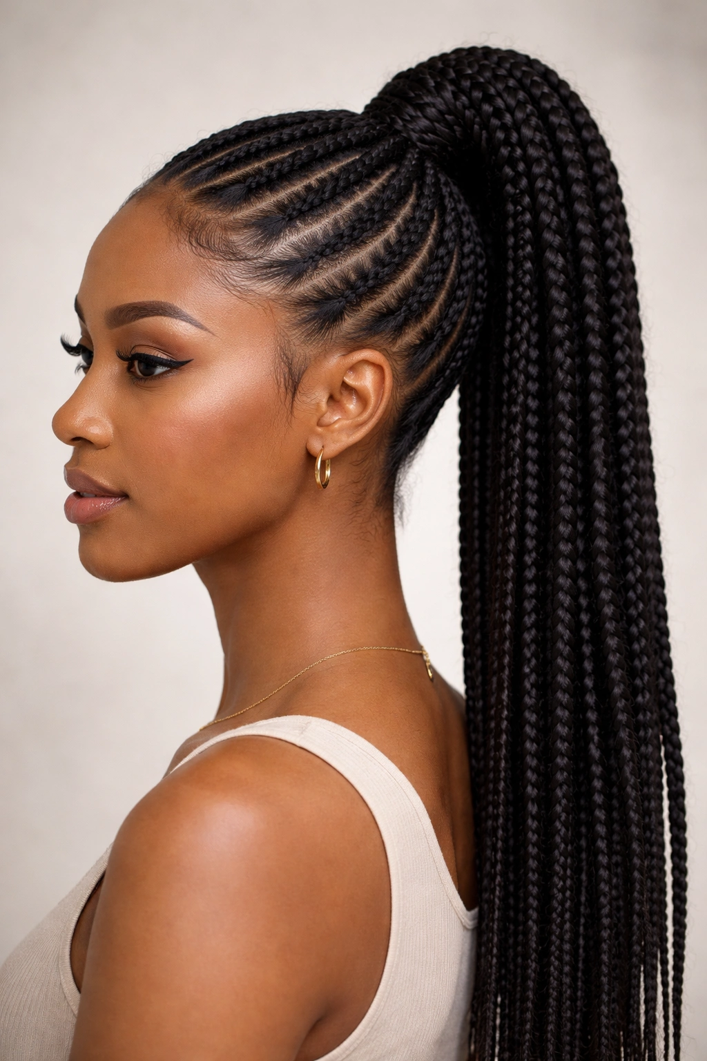 Close-up of classic high cornrow ponytail on natural hair with neat elevated crown