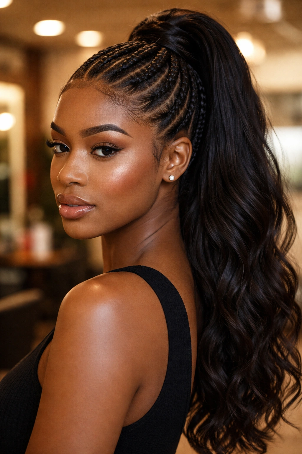 Portrait of a woman with cornrows leading into a high ponytail